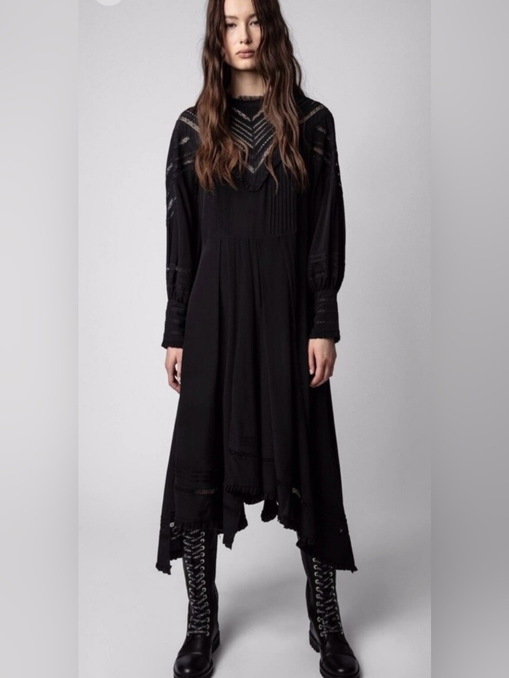 Zadig & Voltaire Black Silk Lace Maxi Dress Long Sleeve Boho Gothic Size L